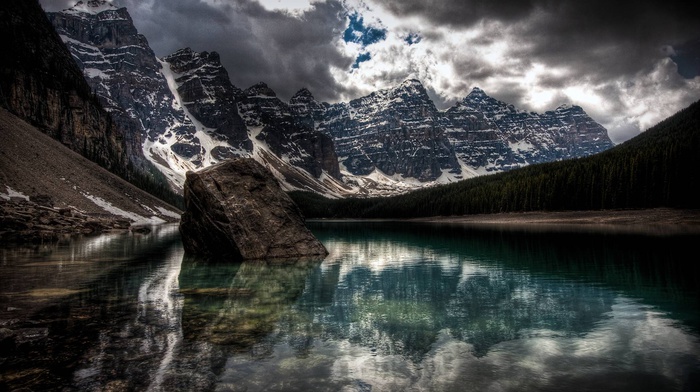water, rock, banff national park, mountain, clouds, moraine lake, Canada, landscape