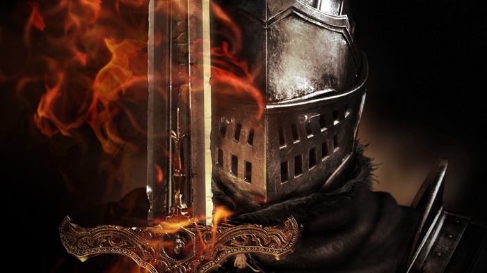 video games, Dark Souls, fantasy art, artwork, helmet, fire, digital art, knights, sword