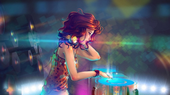 red, colorful, DJ, redhead, red transistor, anime girls, anime, interfaces, headphones, music, turntables