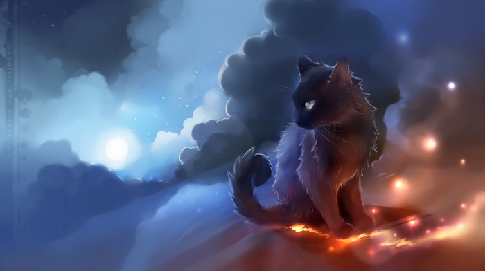 apofiss, cat, glowing, clouds, artwork, anime
