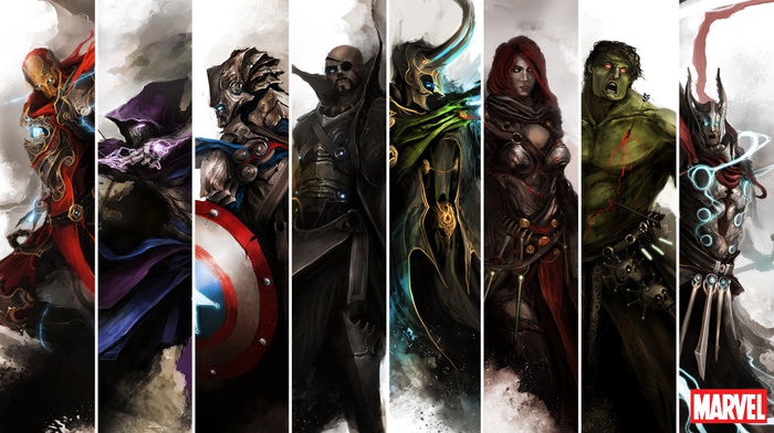 anime, loki, Thor, arrow, Black Widow, The Avengers, nick fury, comics, hawkeye, heroes, Captain America, Iron Man, medieval, Hulk, panels, artwork