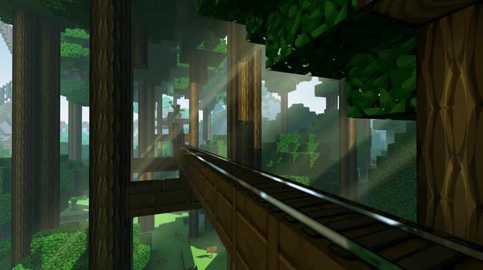 railway, creeper, trees, signs, Minecraft, sun rays