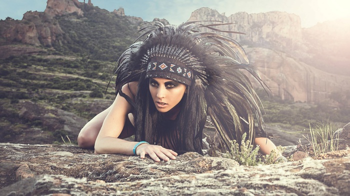 girl outdoors, rock, headdress