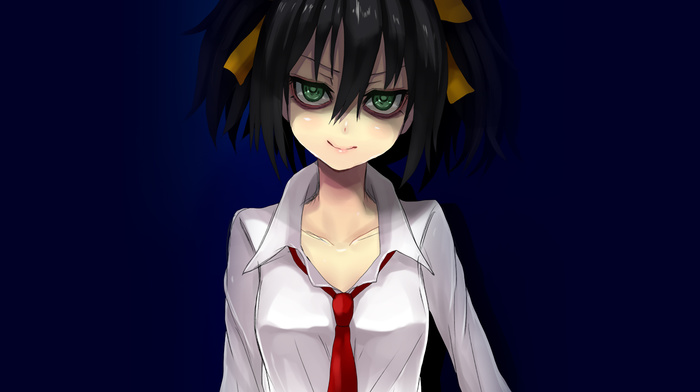green eyes, pigtails, dark hair, kuroki tomoko, white clothing, simple background, anime, red tie