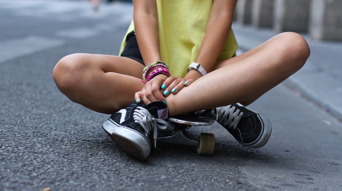 girl, skateboard, legs, shoes