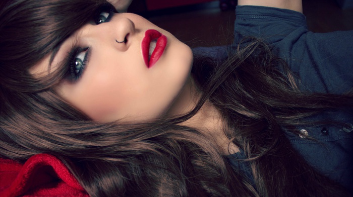 blue, brunette, red, nose rings, girl, face, lipstick, piercing, long hair