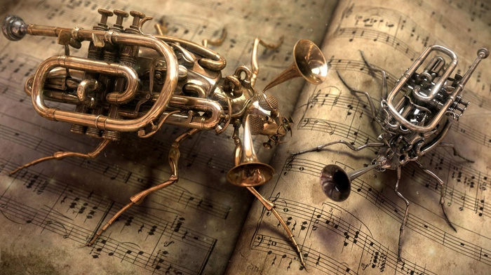 music, steampunk, insect, trumpets