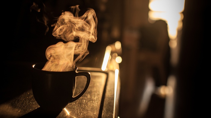 mugs, silhouette, sunlight, coffee, smoke
