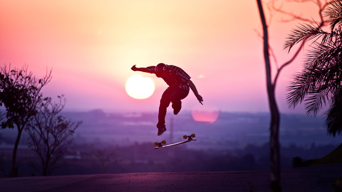 skateboard, sunset, asphalt