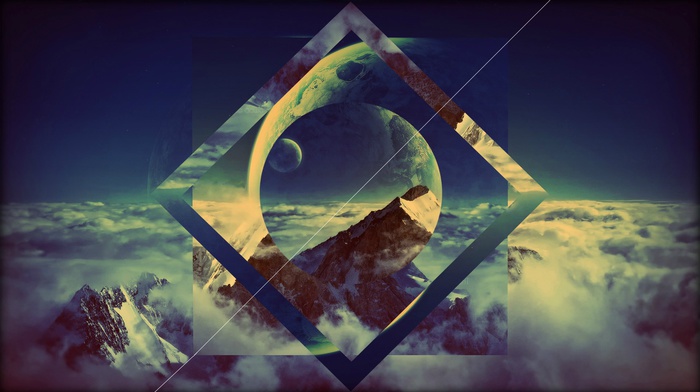universe, shapes, anime, planet, vignette, clouds, abstract, nature, polyscape, artwork, mountain