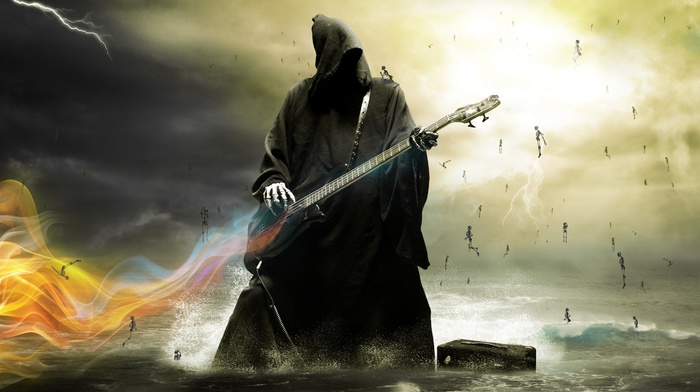 water, skeleton, lightning, guitar, grim reaper, death, sea, bass guitars