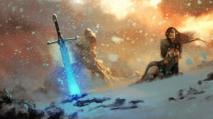 mountain, snow, girl, fantasy art, sword, video games, warrior