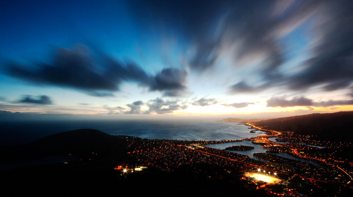 blue, night, sea, clouds