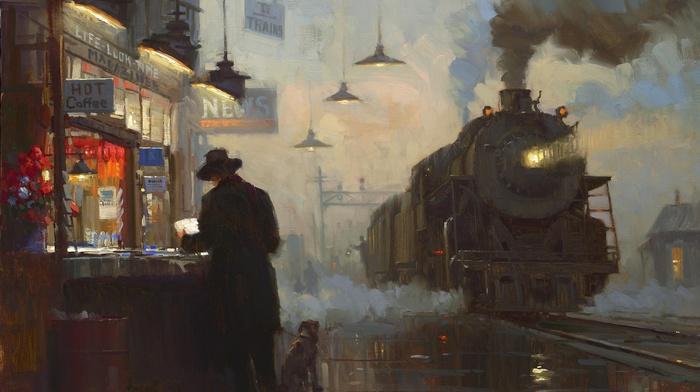 painting, classic art, train, train station, signs, railway, steam locomotive, vintage