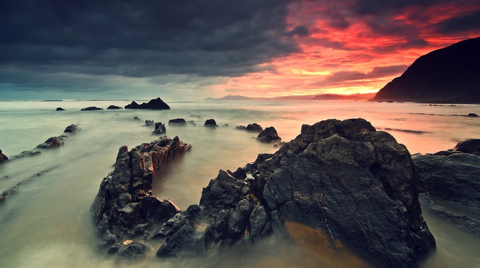 rock, sunset, mist, nature