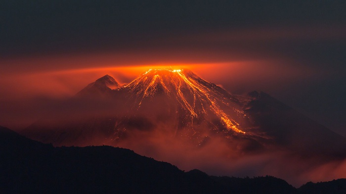 volcano, landscape, orange, nature, silhouette, lava, night