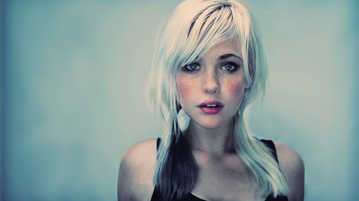 blonde, girl, white hair, makeup, lipstick, devon jade, freckles, face, open mouth, simple background