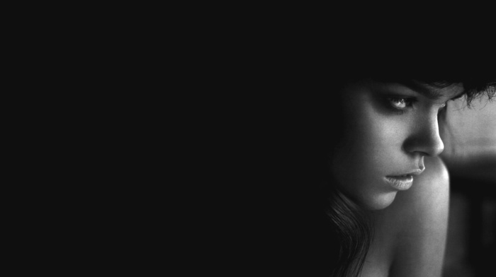 face, girl, monochrome, brunette, black background