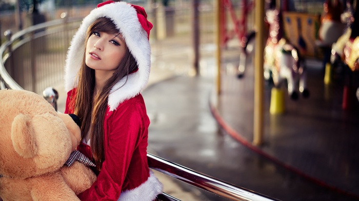 brunette, Asian, Santa costume, long hair, girl, Agnes Lim