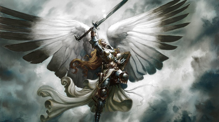 magic the gathering, sword, wings, Serra Angel, angel, armor, girl