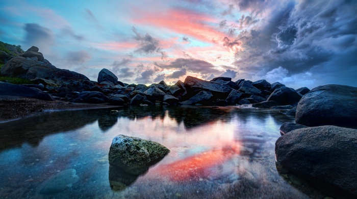 rock, Virgin Islands, clouds, Caribbean, water, pond, landscape, sunset