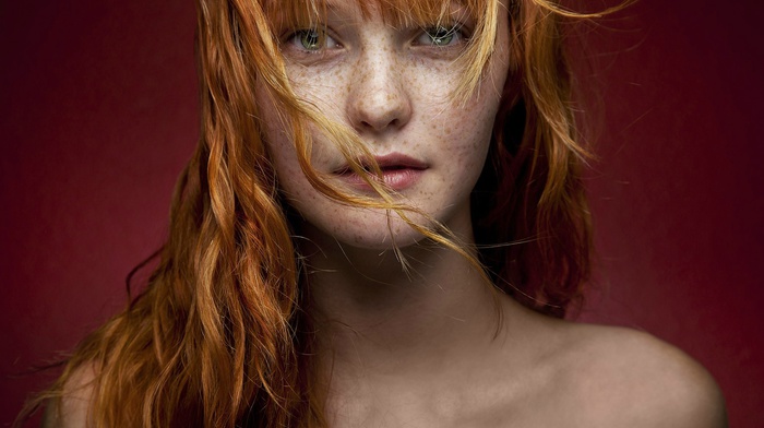green eyes, hair in face, girl, portrait, Kacy Anne Hill, redhead, freckles