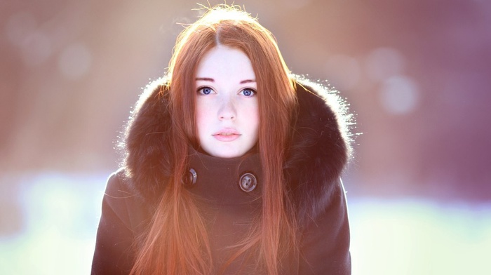 redhead, fur coats, girl, sunlight, blue eyes, simple background