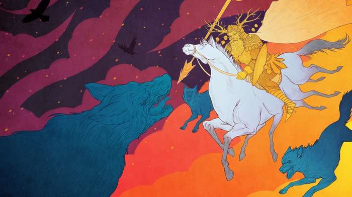 horse riding, myth, Huginn, Fenris, Freki, colorful, mythology, wolf, Odin, Sleipnir, Muninn, Geri, clouds, horse, Gungnir