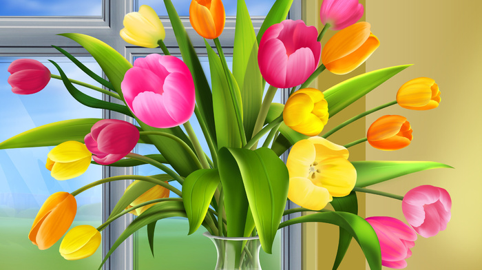 vase, tulips, window, drawing, flowers
