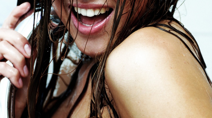 wet, girl, smiling, open mouth, brunette