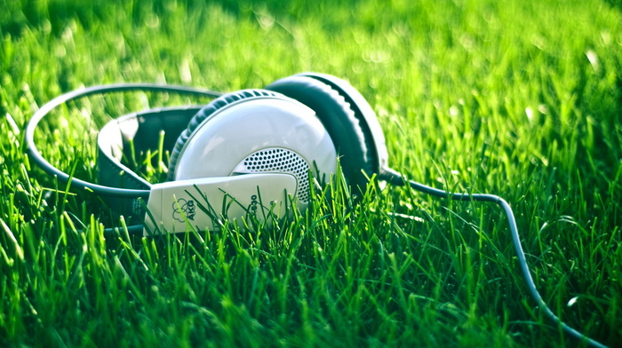 headphones, grass, music