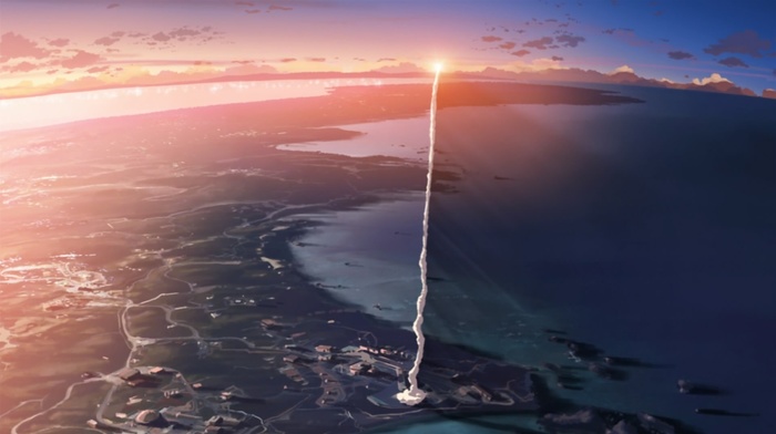 5 Centimeters Per Second, smoke, Makoto Shinkai, anime, rockets, movies, sunset, Japan, screengrab, contrails