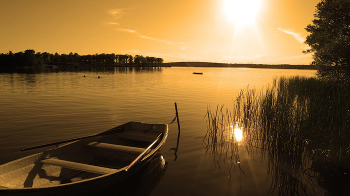 sunset, boat, lake, nature