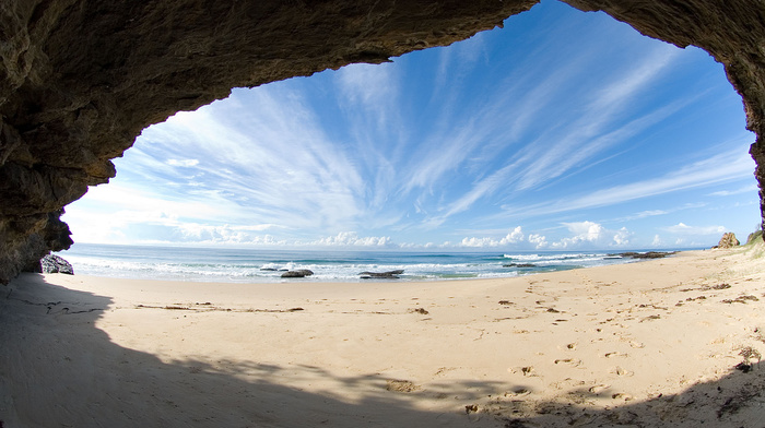 view, rock, cave, sand, coast, nature, sea