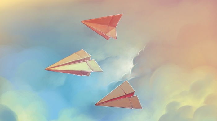 artwork, sky, clouds, paperplanes, paper