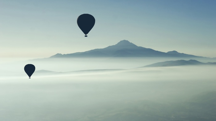 landscape, hot air balloons, mist
