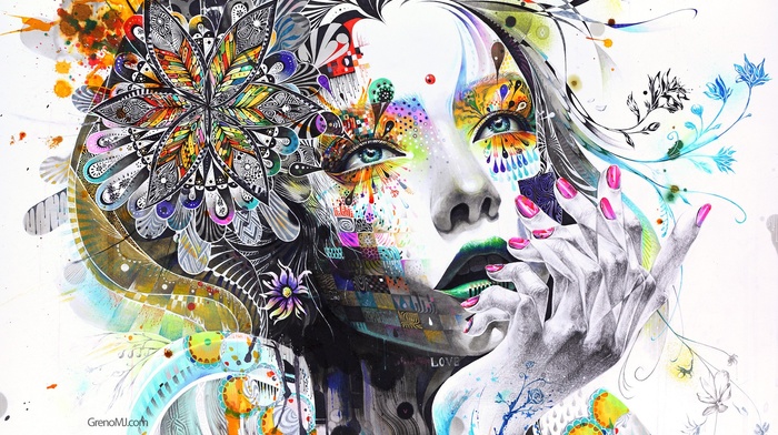 face, artwork, girl, hand, painting, minjae lee, anime, mosaic, surreal, colorful, paint splatter