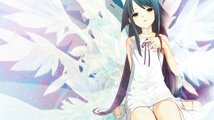 sad, Saya, loli, blue eyes, Saya no Uta, blue hair, wings