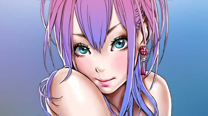 blue eyes, soft shading, purple hair, simple