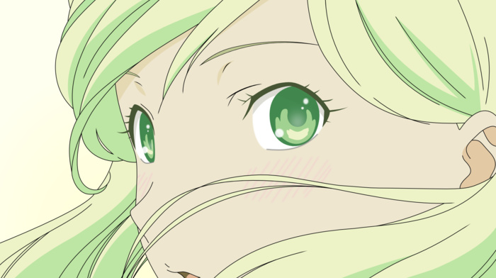 face, green hair, green eyes, looking back, simple