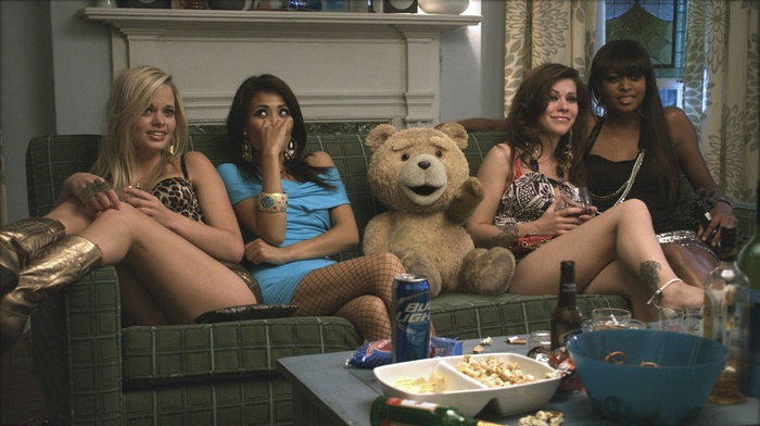teddy bears, Ted movie, brunette, legs, blonde, beer