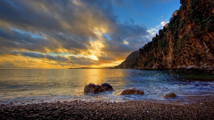 stones, mountain, summer, sea