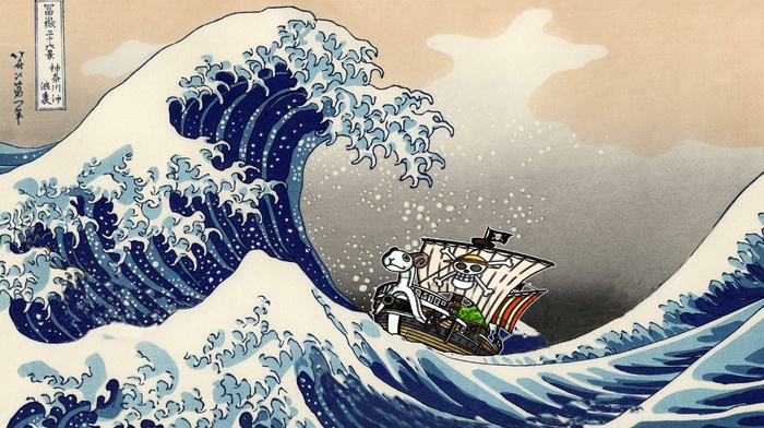 One Piece, The Great Wave off Kanagawa, waves, Hokusai, Monkey D. Luffy