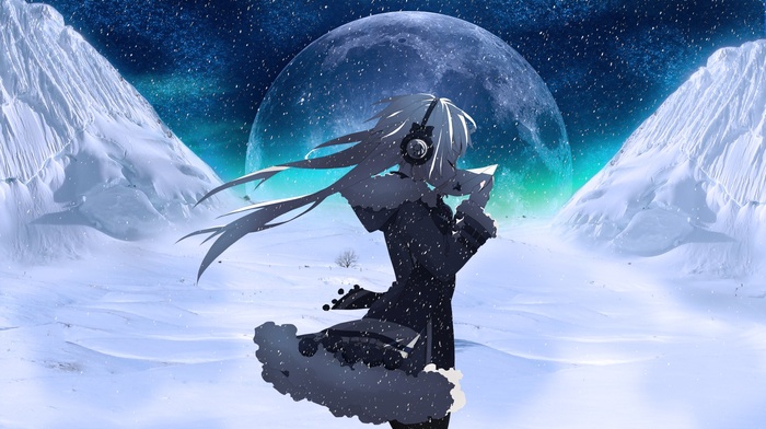 headphones, moon, snow, night, anime girls
