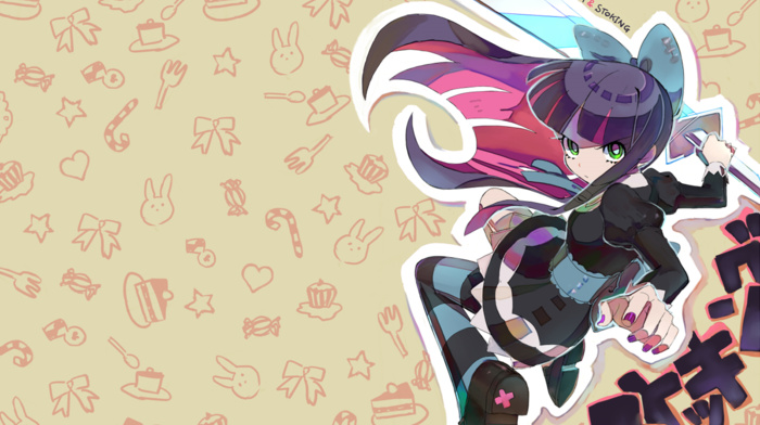 anime girls, ribbon, Panty and Stocking with Garterbelt, Anarchy Stocking, stockings, anime, angel, cakes, hearts
