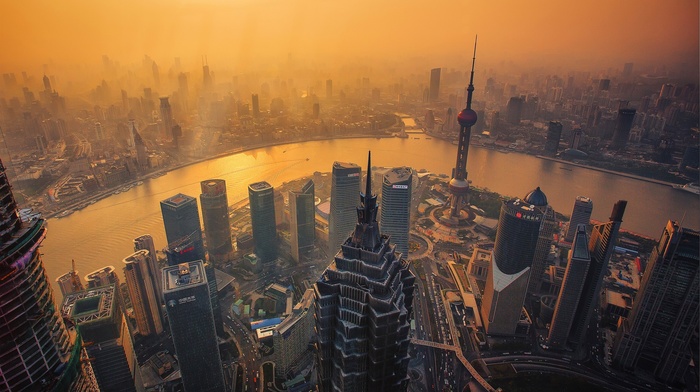 dusk, China, river, Shanghai, cityscape, skyscraper, building, orange