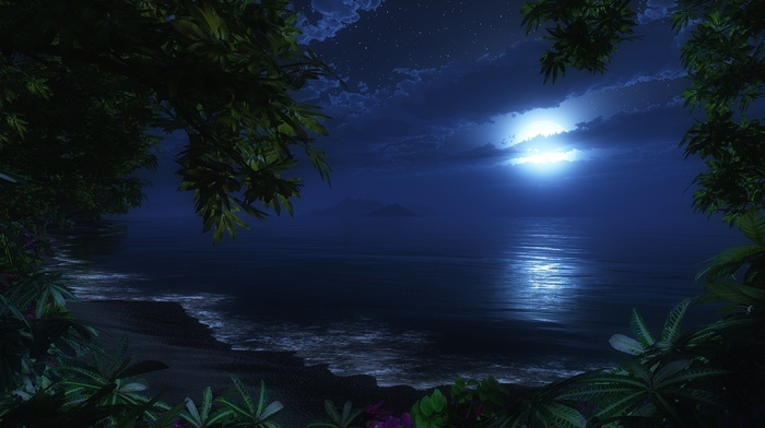 3D, moon, sea, trees