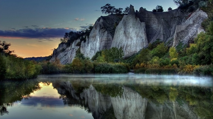 landscape, rock, mist, water