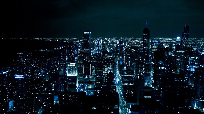 night, blue, Chicago, lights