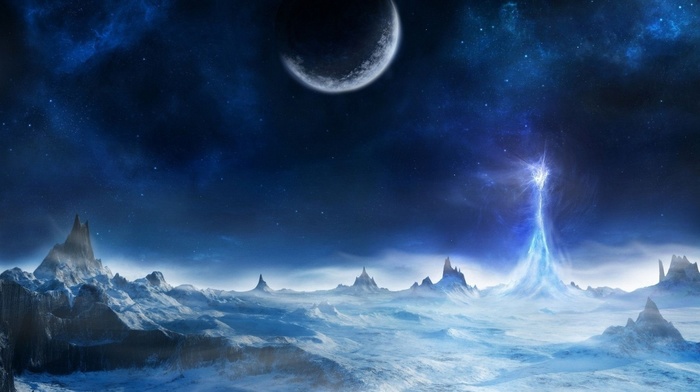 rays, mountain, moon, sky, fantasy